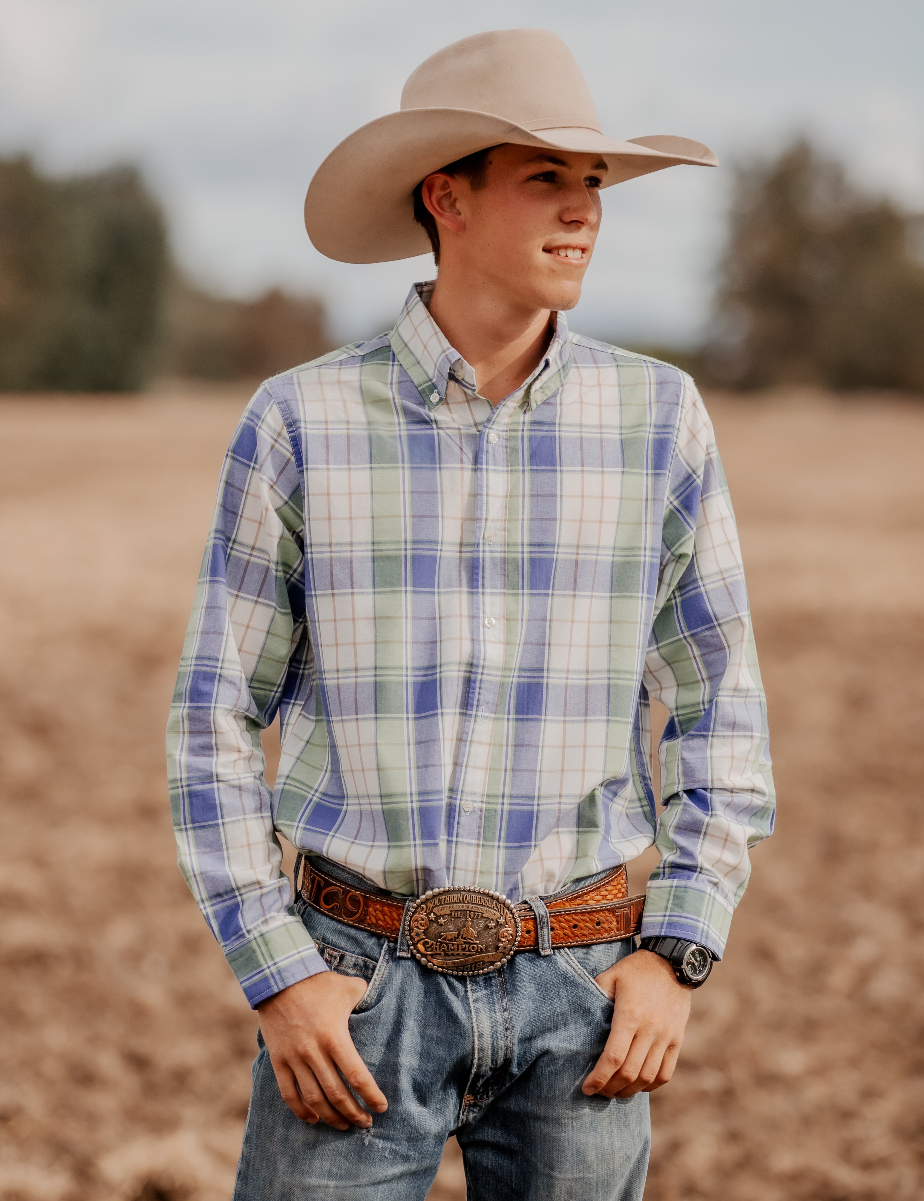 Men's Long Sleeve Shirt - Blue/Green/White Plaid