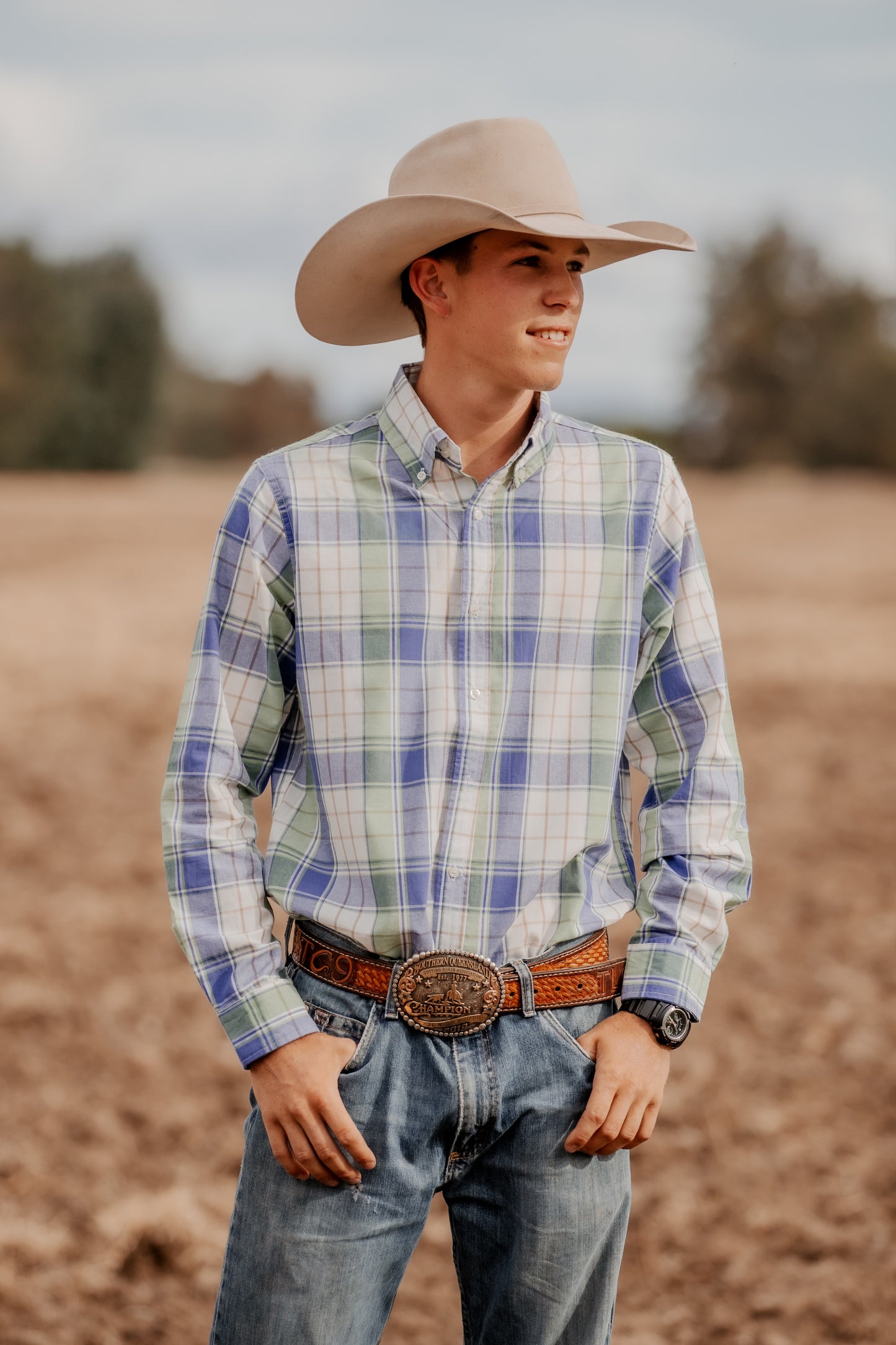 Men's Long Sleeve Shirt - Blue/Green/White Plaid