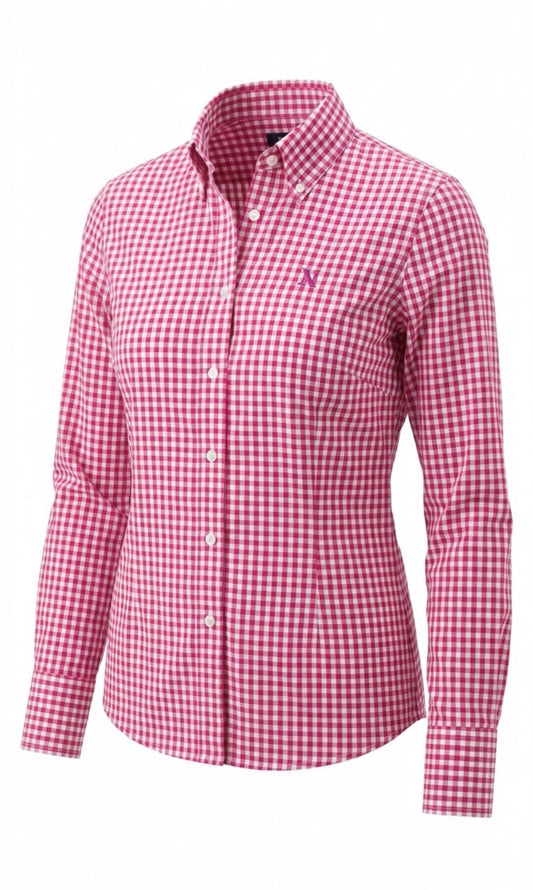 NINETY Ladies Slim Fit Long Sleeve Shirt - Hot Pink Check