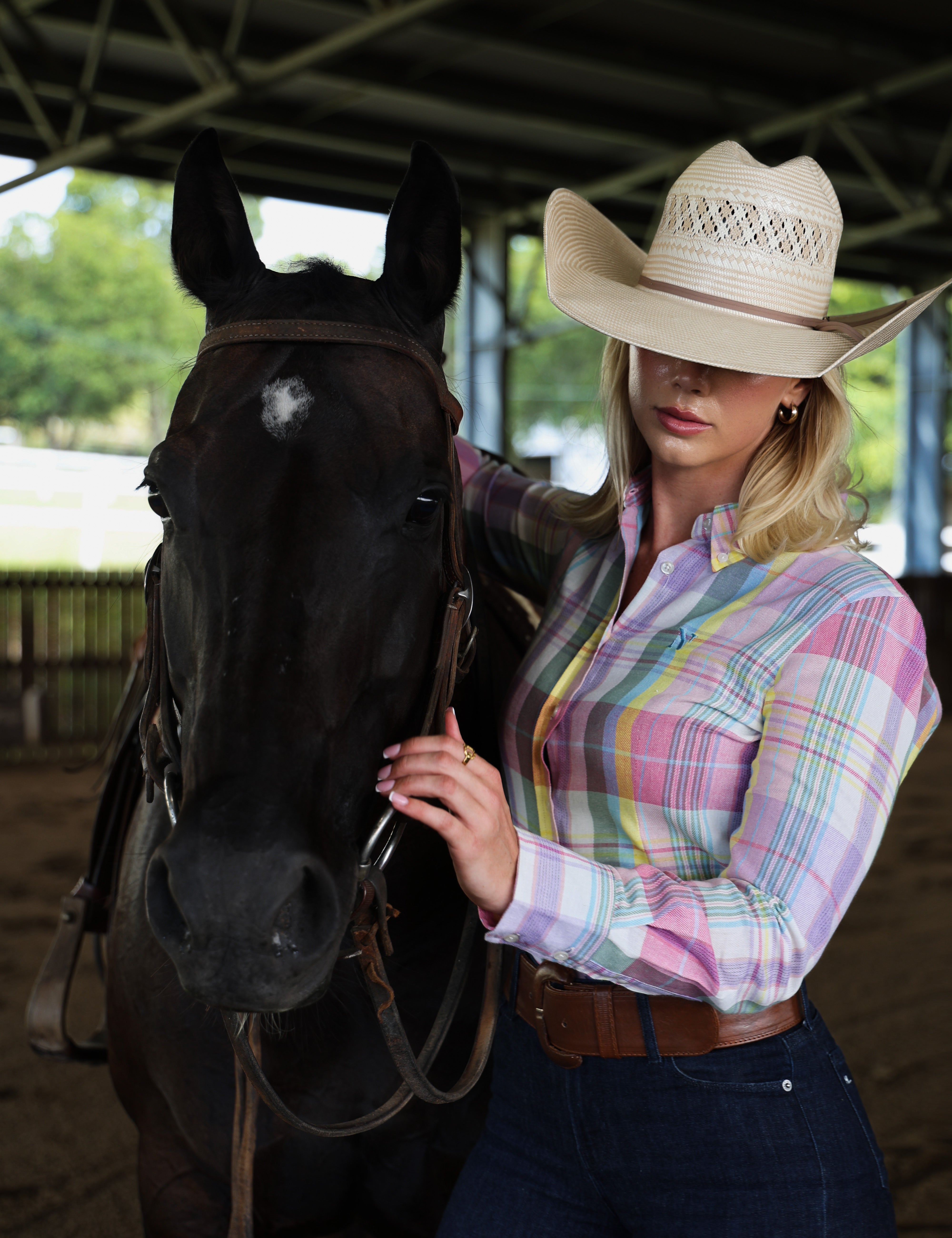 NINETY Ladies Slim Fit Long Sleeve Shirt - Pastel Plaid