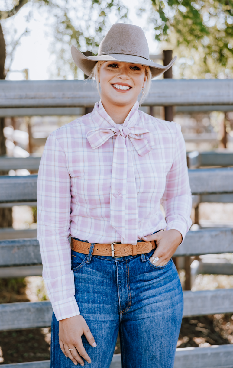CLEARANCE - Ladies Pink Plaid Bow Shirt