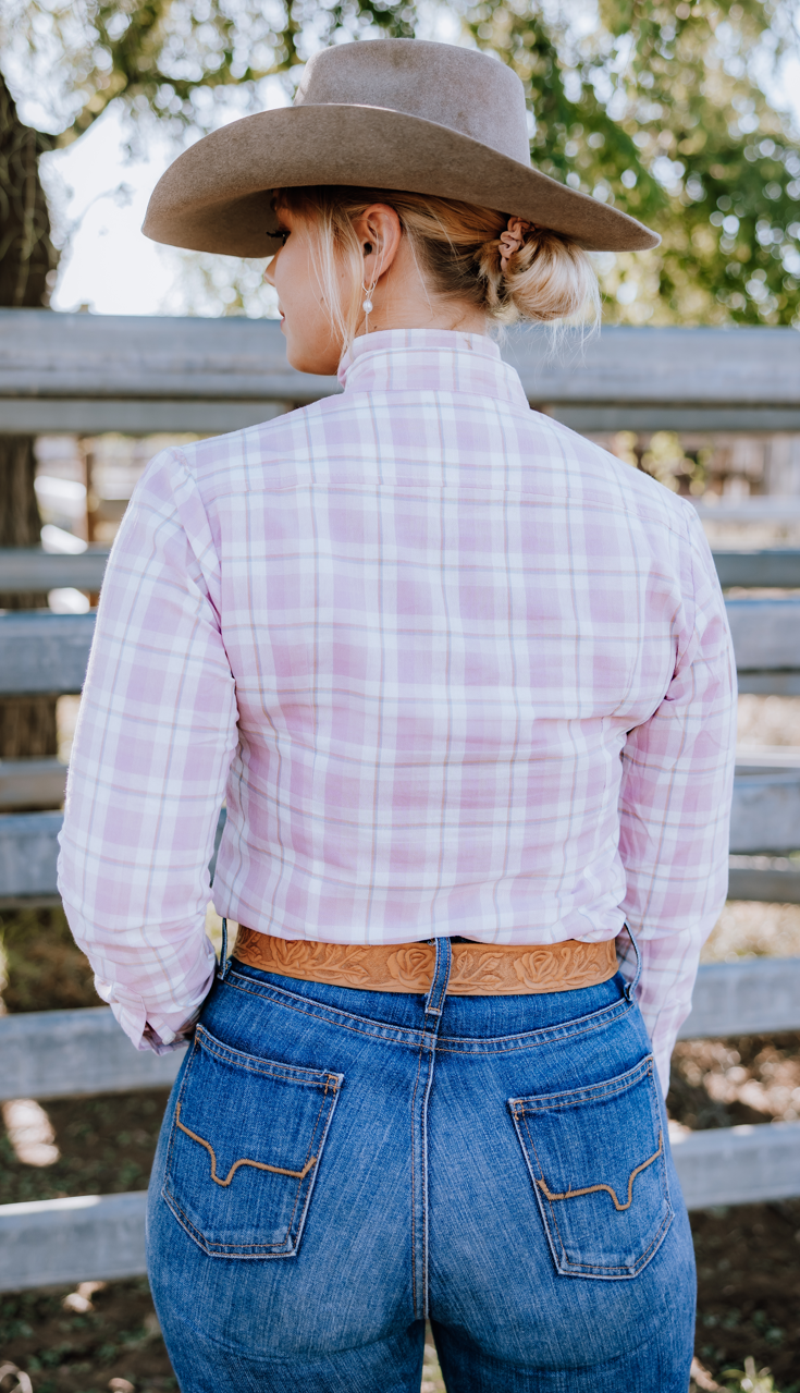 CLEARANCE - Ladies Pink Plaid Bow Shirt