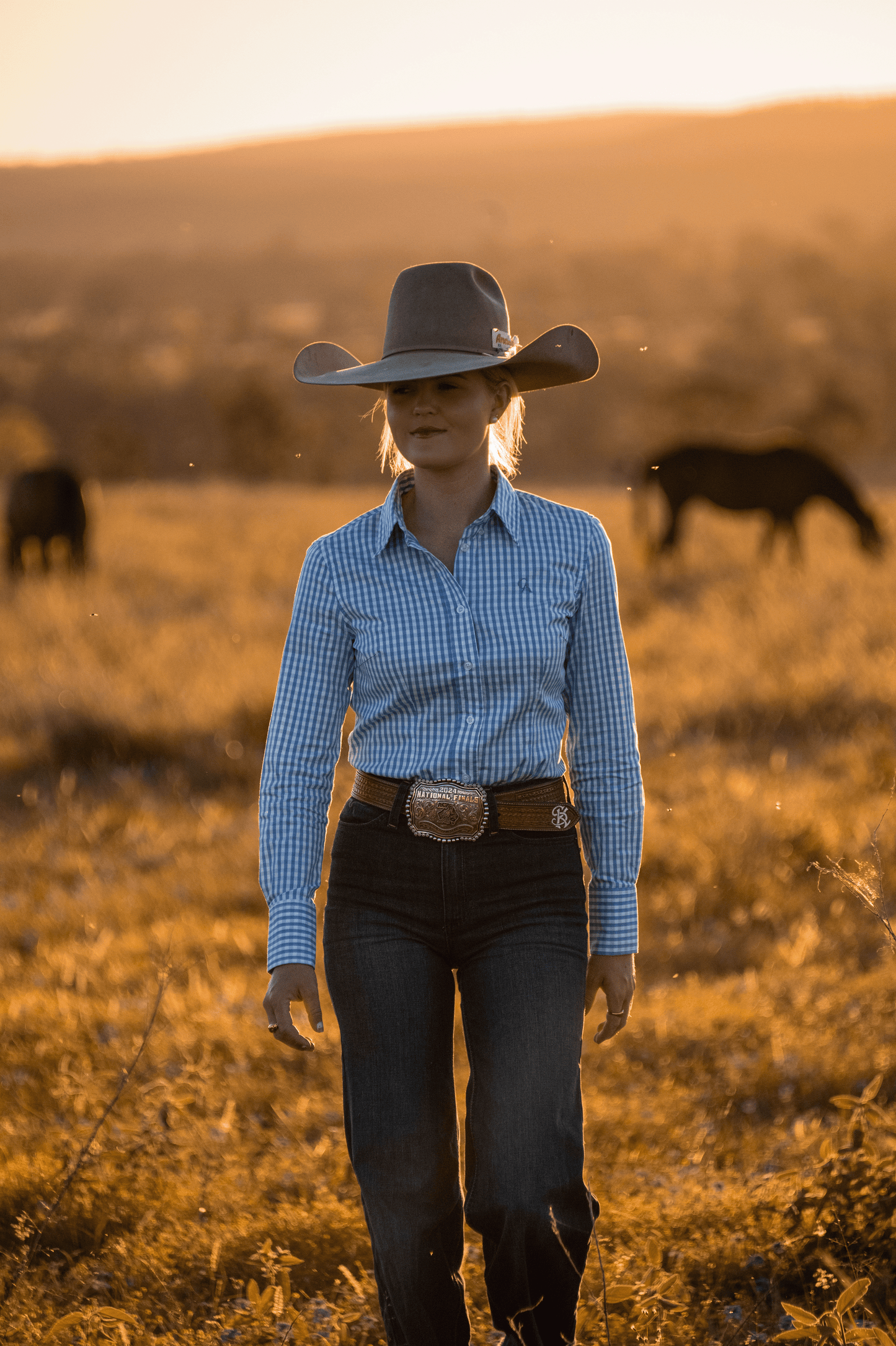 Ladies Slim Fit Long Sleeve Shirt - Cornflower Blue Check