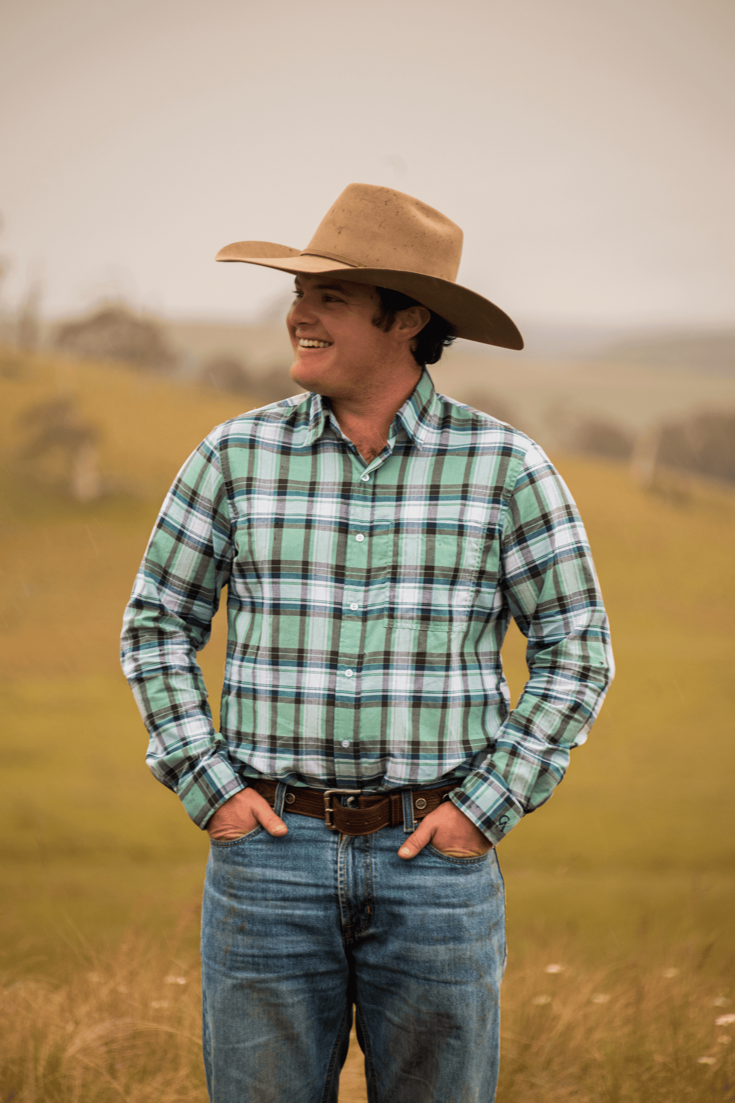 Men's Long Sleeve Shirt - Retro Mint Green Plaid