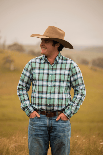 Men's Long Sleeve Shirt - Retro Mint Green Plaid