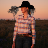 Ladies Slim Fit Long Sleeve Shirt - Cream/Orange/Blue Plaid