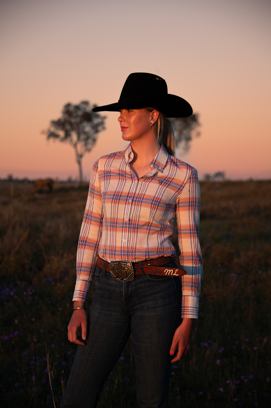 Ladies Slim Fit Long Sleeve Shirt - Cream/Orange/Blue Plaid