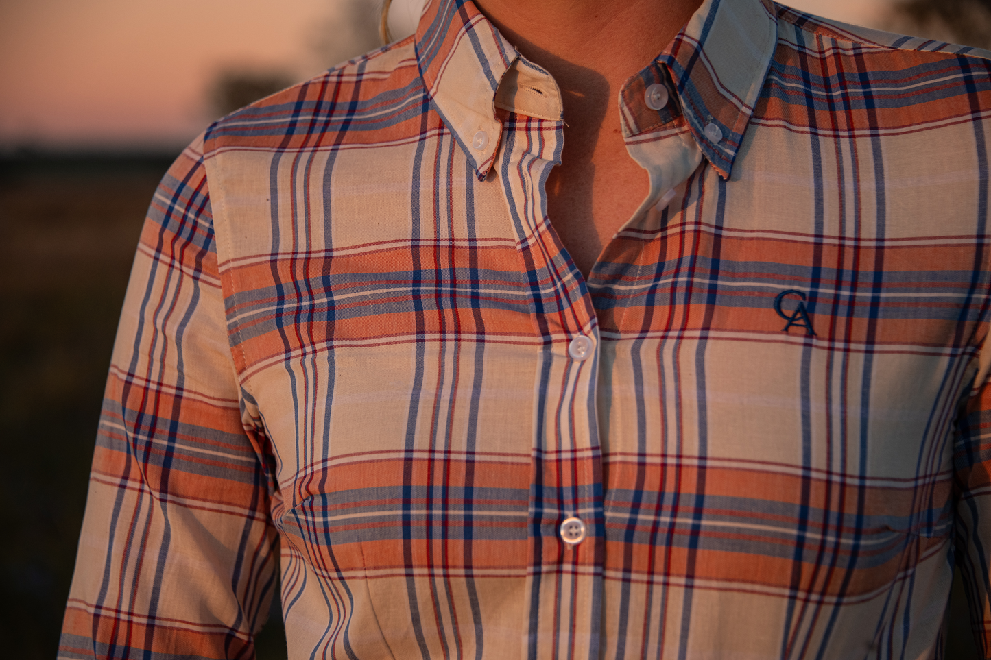 Ladies Slim Fit Long Sleeve Shirt - Cream/Orange/Blue Plaid