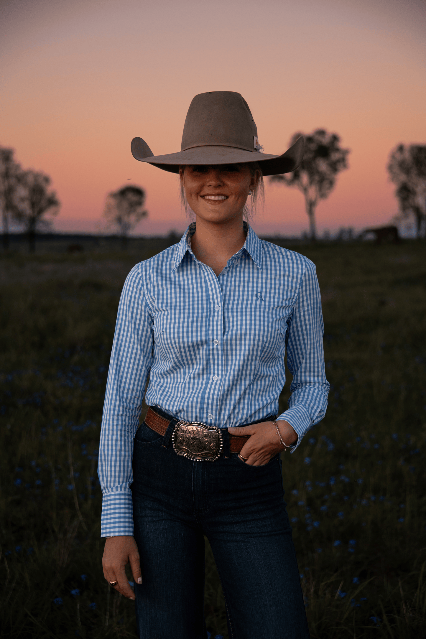 Ladies Slim Fit Long Sleeve Shirt - Cornflower Blue Check