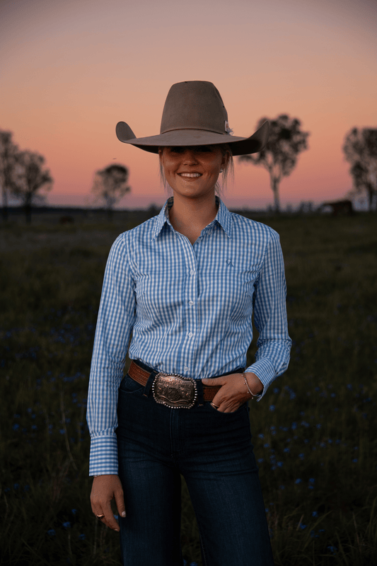 Ladies Slim Fit Long Sleeve Shirt - Cornflower Blue Check