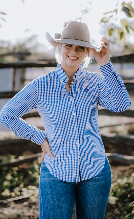 CLEARANCE - Blue Check Long Sleeve Ladies Shirt