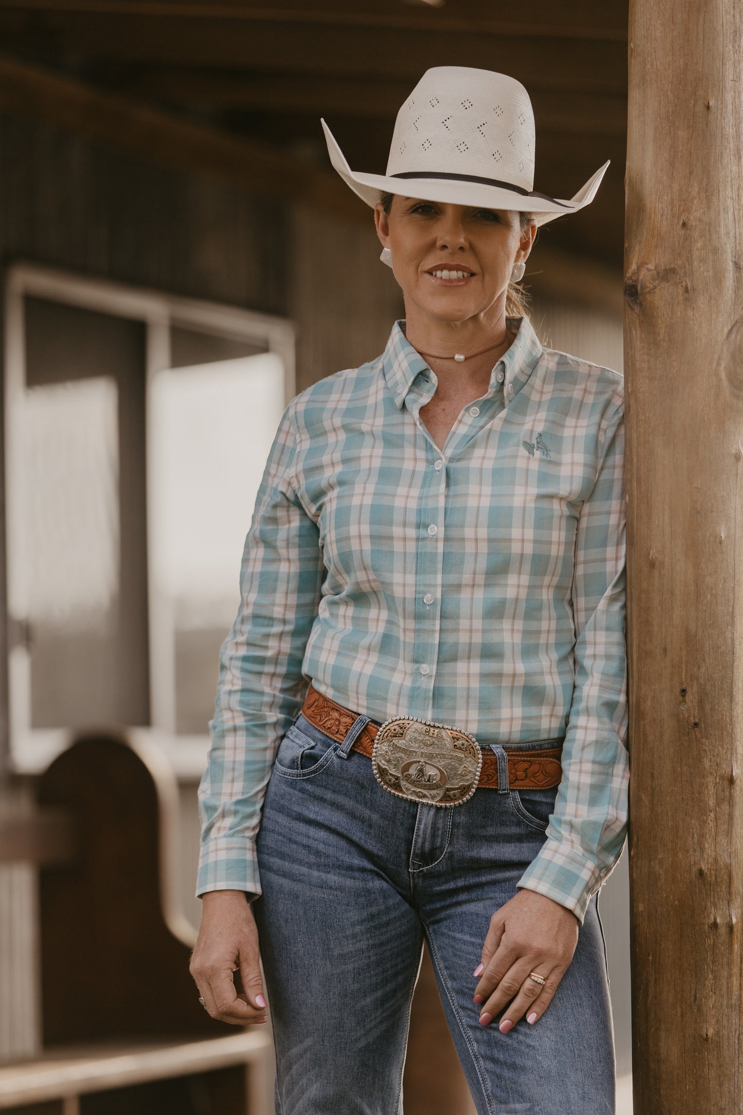 Ladies Long Sleeve Mint Plaid Shirt
