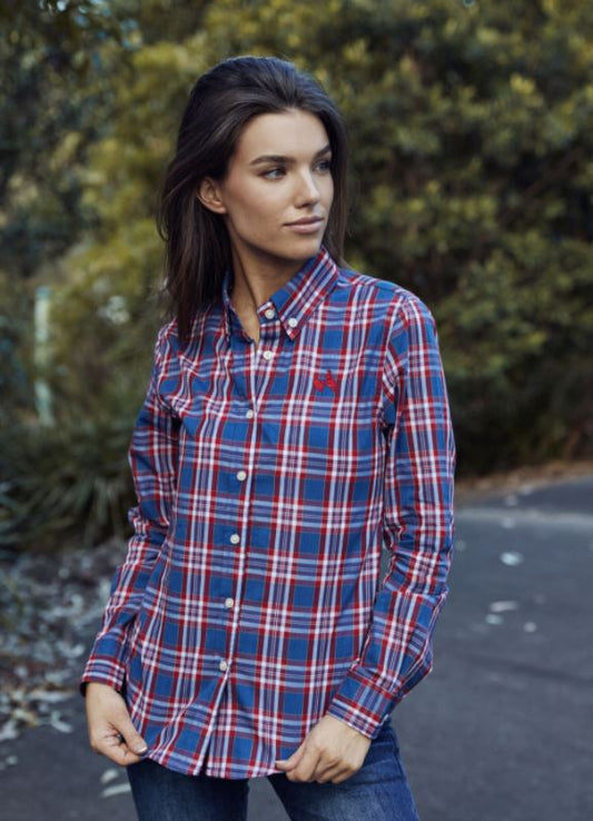 CLEARANCE - Ladies Long Sleeve Red Blue Plaid Shirt